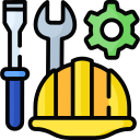 helmet, spanner and screwdriver